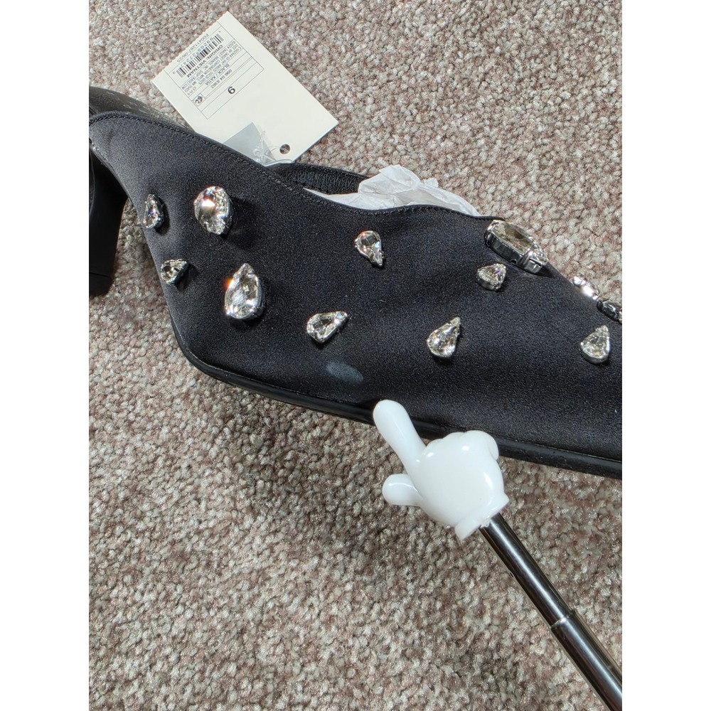 A New Day Katia Black Satin Rhinestone Pointed Toe Kitten Heel Mules Women 9 NWT - Picture 8 of 8
